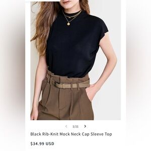 Black ribknit mock neck cap sleeve top